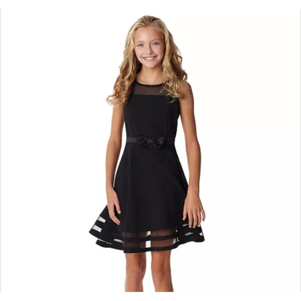 Calvin Klein Little Girls Illusion Mesh Bow Black Sleeveless Dress Size 6X Party